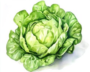 Fototapeta premium Artistic Watercolor Depiction of Fresh Lettuce: A Healthy Vegan Ingredient from the Farm