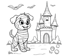 Cute Mummy Puppy at Spooky Tree with Bats coloring page
