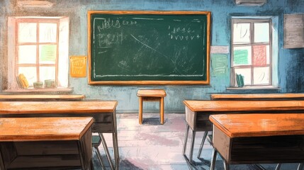 Vintage-Style Classroom Illustration with Chalkboard and Wooden Desks