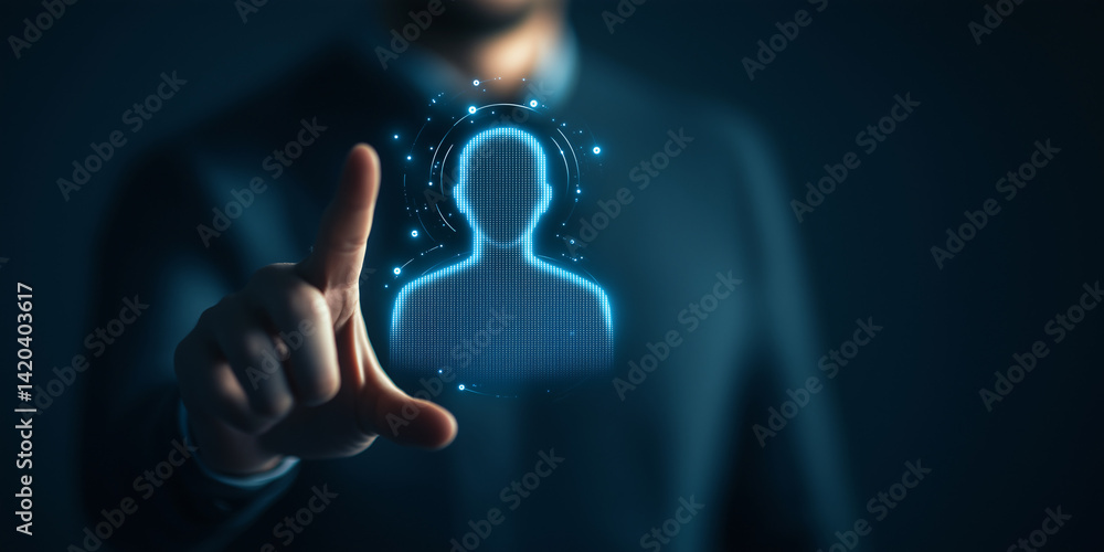 Poster digital identity: a person interacts with a glowing digital avatar, symbolizing concepts of data and