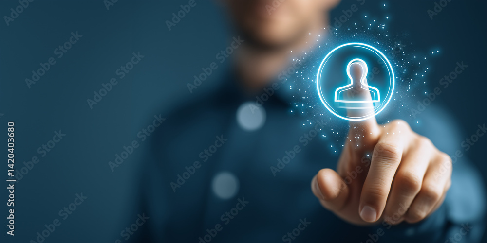 Poster digital connection and identity: a close-up shot captures a person's finger pressing a digital icon 