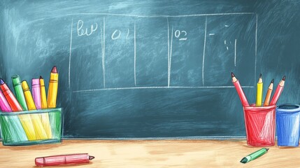 Colorful Drawing on Blackboard with School Supplies and Crayons in a Classroom Setting