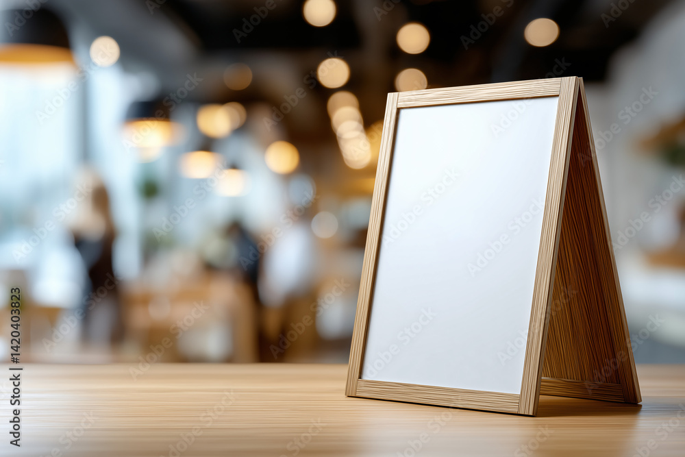 Poster empty display board on wooden table: a close-up shot of a blank display board stands on a textured w