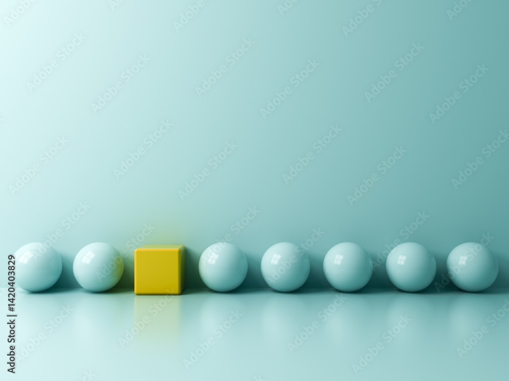 Poster Stand out from the crowd and different concepts One yellow cube square box amongs other light blue balls on light blue green pastel color background with window reflections and shadows 3D rendering