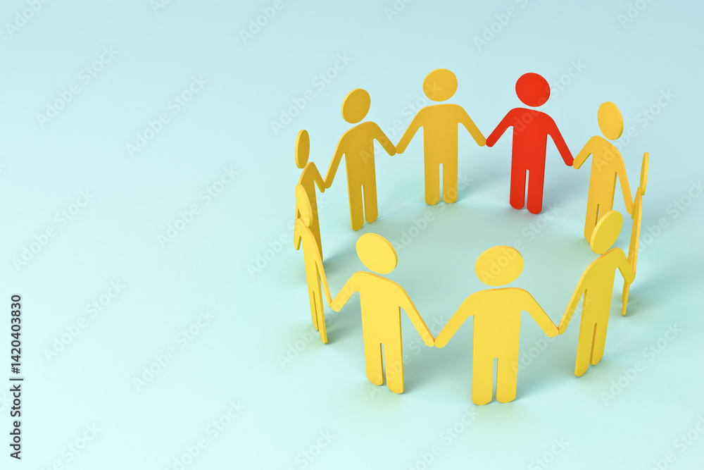 Leinwandbilder group of people holding hands forming circle with one red man standing out from the crowd on light g