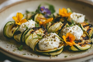 Grilled zucchini rolls with ricotta cheese and edible flowers.
