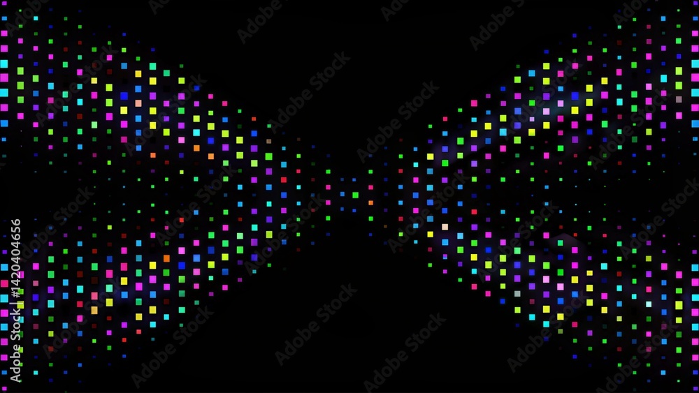 Poster black background with colorful geometric pattern, vibrant shapes on dark backdrop forming abstract m