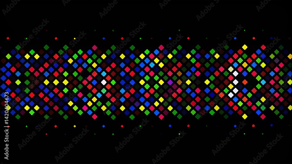 Poster black background with colorful geometric pattern, vibrant shapes on dark backdrop forming abstract m