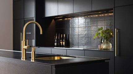 Modern kitchen with matte black cabinets and brass tap  