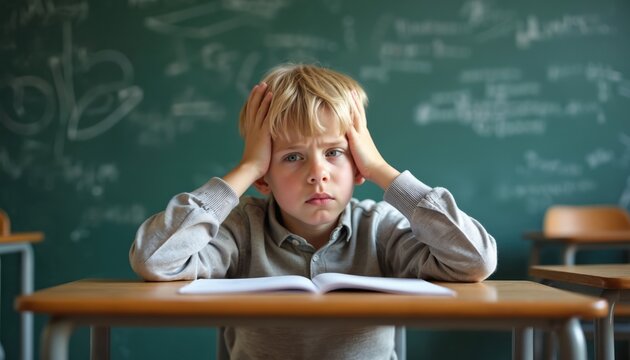 Young student in classroom, hands on head, shows frustration, struggle with learning. Expression of defeat during schoolwork. Green chalkboard background with scribbles. Education difficulties,