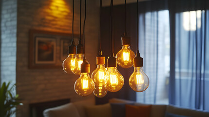 Living room with a hanging light fixture featuring seven bulbs, creating a warm glow.