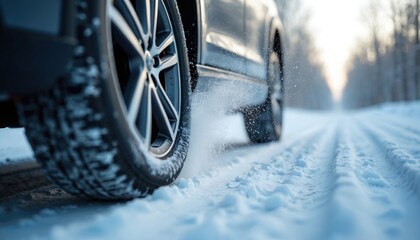 Car wheel spins on snowy road. White snowflakes fly from spinning tire as vehicle struggles to gain traction on icy winter drive. Extreme conditions. Winter travel, transportation concept.