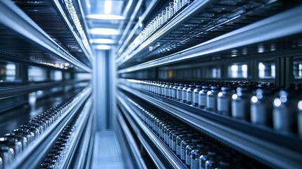 Obraz premium Modern Industrial Warehouse Storage Rows of Glass Jars Filled with Products Blue Tone Clean Room Pharmaceutical Production Facility Interior Design 