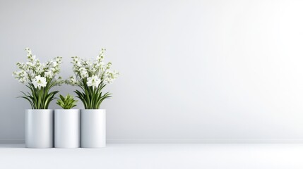 White Flowers in Pots Minimalist Clean Style High-Resolution Lighting Centered Arrangement Simple Design Peaceful Display White Wall Background Serene Mood Interior Design Inspiration