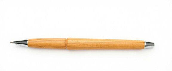 Naklejka premium Eleganter Kugelschreiber aus hellem Holz mit silbernen Akzenten auf Weiß. Natürliches Schreibgerät für Büro und Alltag.