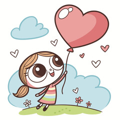 Obraz premium Cute Cartoon Girl with Heart Balloon IllustrationAdorable Little Girl Holding Love Balloon Clipart, Sweet Girl Character with Heart Balloon in Pink Sky.