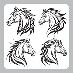 Black and white vector illustration of a running horse head silhouette, a wild and majestic stallion