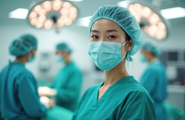 Portrait of Asian woman surgeon wearing medical mask, cap in operation theater. Surgeon stands in hospital operating room. Medical staff doctors team in background working. Healthcare concept,