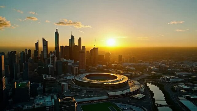 Sunset over Melbourne Cricket Ground with city skyline bathed in warm golden light, Aerial sunset view Melbourne Cricket Ground and arenas