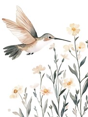 Obraz premium Hummingbird and Wildflowers Watercolor Nature Illustration 