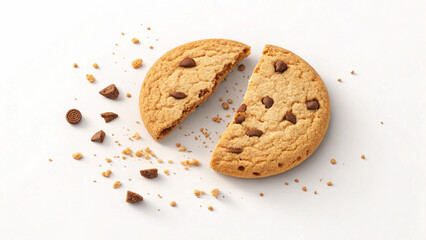 Delicious Chocolate Chip Cookie Broken in Half with Crumbs and Chocolate Pieces on White Background