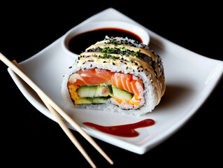 A vibrant sushi burrito cut in half showcasin