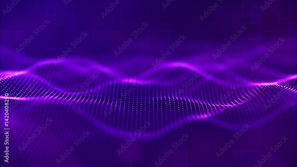 Poster Futuristic wave. Purple technology light neon background. Digital technology music background. Computer network technology. Digital science concept. Digital technology backdrop. 