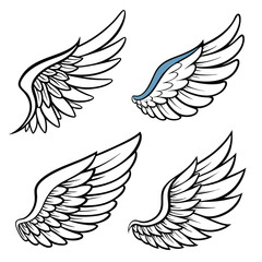 Four Detailed Line Art Wing Designs for Graphic Design