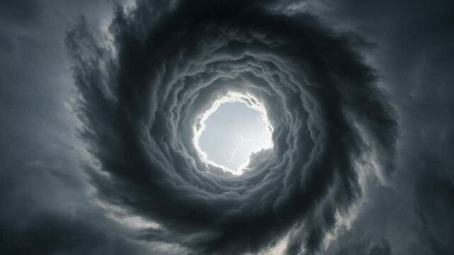 Dramatic swirling storm clouds opening to light  