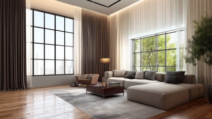 Modern living room with large window wall and soft curtain  