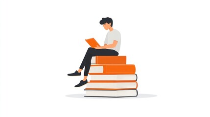 Young man reading book sits on books stack in white background, for education, library, and learning use