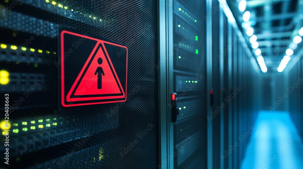 Poster red warning sign on modern data center server racks technology infrastructure powerful network digit