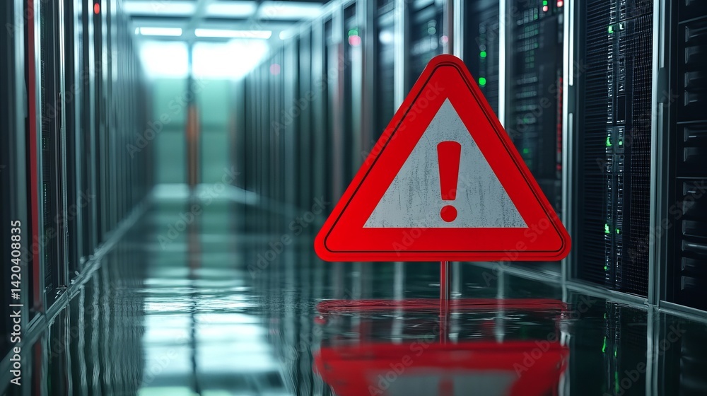 Poster red warning sign in flooded server room data center alert system failure risk emergency maintenance 