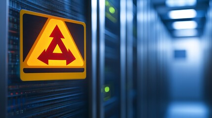 Data Center Server Room Warning Sign Triangle Arrows Digital Technology Network Infrastructure Yellow Red Modern Warning Caution Safety Security      