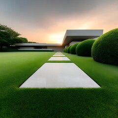Modern landscape design with manicured hedges and pathway