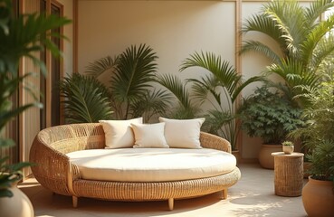 Stylish balcony with tropical vibes. Wicker sofa, pillows, rich green plants in light golden tones. Luxury home interior, modern terrace with natural materials for relaxation, recreation, chilling on