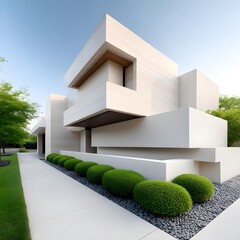 Modern architectural design with geometric shapes and greenery