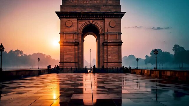 India Gate monument at sunrise with reflections on wet pavement in morning mist