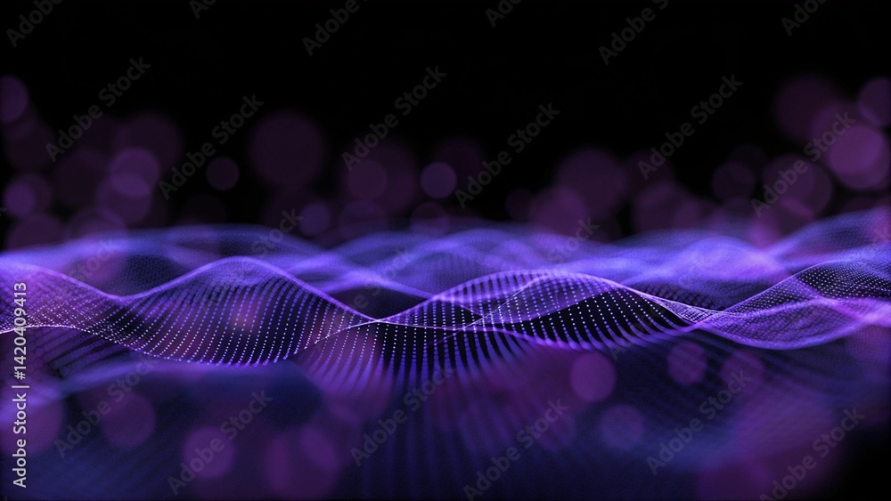 Poster Network purple technology backdrop. Big data neon background perspective. Tech background purple. Cyber technical wave sound, futuristic digital flow matrix grid connection virtual energy