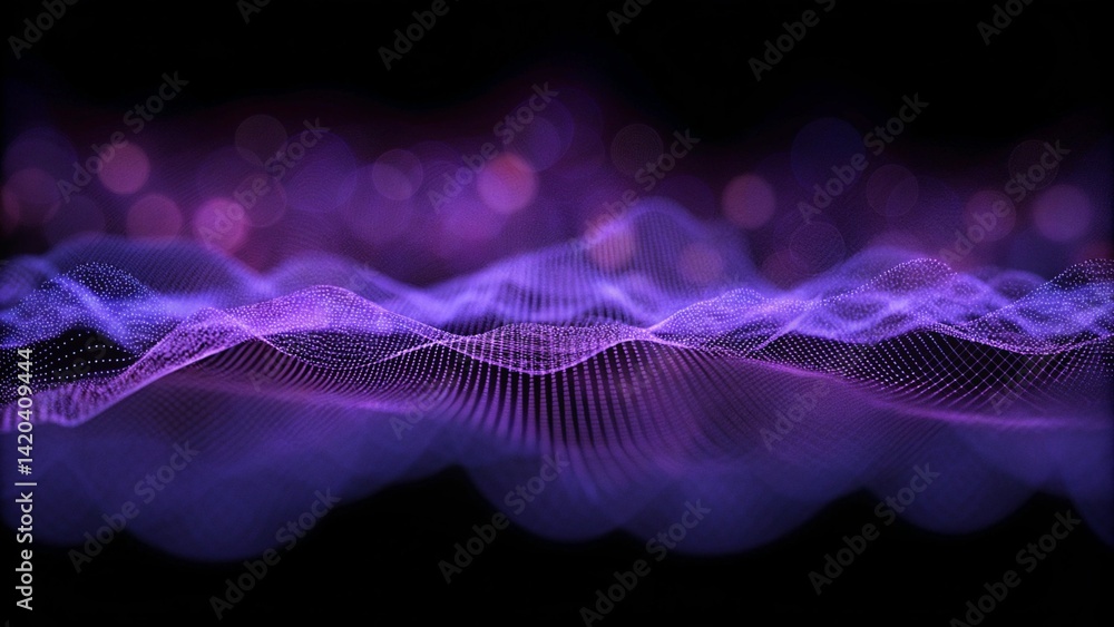Poster Network purple technology backdrop. Big data neon background perspective. Tech background purple. Cyber technical wave sound, futuristic digital flow matrix grid connection virtual energy