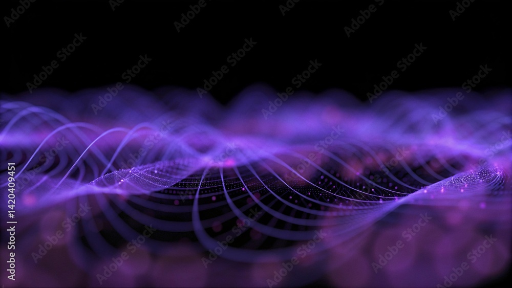 Poster Network purple technology backdrop. Big data neon background perspective. Tech background purple. Cyber technical wave sound, futuristic digital flow matrix grid connection virtual energy