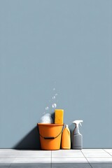 Cleaning supplies arranged with bubbles in a modern setting