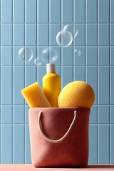 Colorful bathroom essentials in a stylish basket