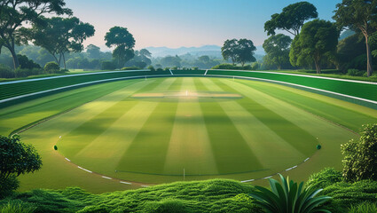 "Scenic Cricket Ground Under Clear Blue Sky"