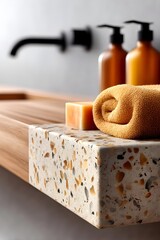 Elegant bathroom countertop with natural textures and accessories