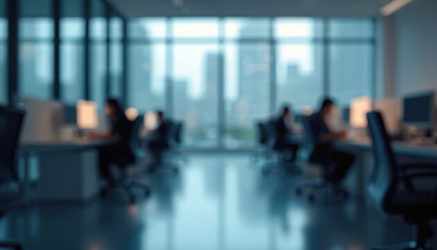 Blurred image modern office interior. Corporate workplace concept features workstations near large windows. Business people working with computers. Modern office building with many employees. Light