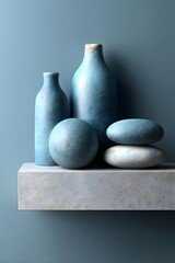 Elegant blue ceramic vases and stones on a minimalist shelf