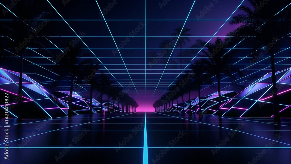 Poster 3d abstract neon background, geometric background with polygonal structure, cyber space virtual real