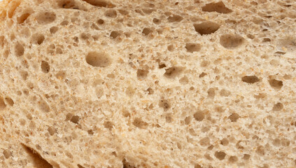 Bread slice macro texture, baked dough pattern. White bread loaf cut close up, wheat toast slice