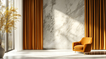 Luxury interior design featuring golden curtains and a marble wall.